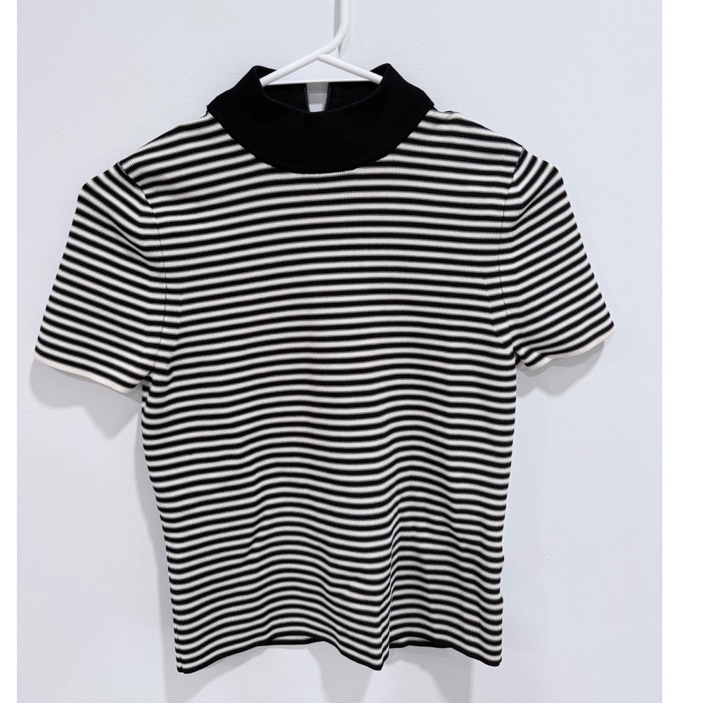Michael Michael Kors Womens Small Black White Striped Mock Neck Short Sleeve Top